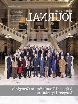 Magazine cover featuring a photo of a group of Georgia legislators in front of a staircase at the Capitol building in Atlanta, Georgia.